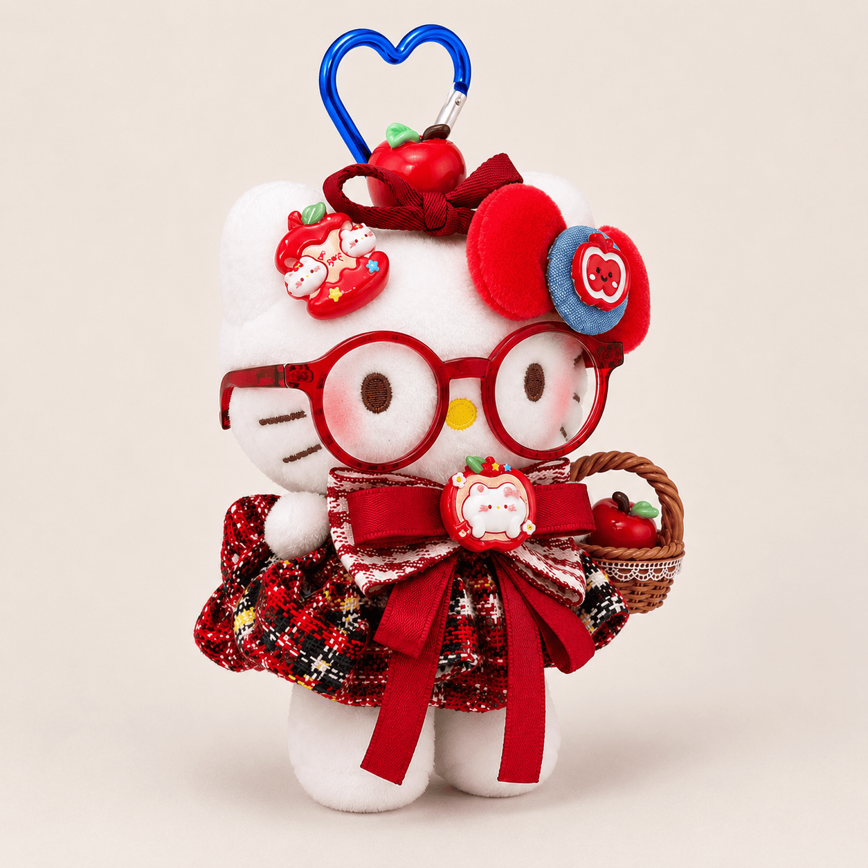 Apple Kitty Plush Bag Charm with Red Glasses