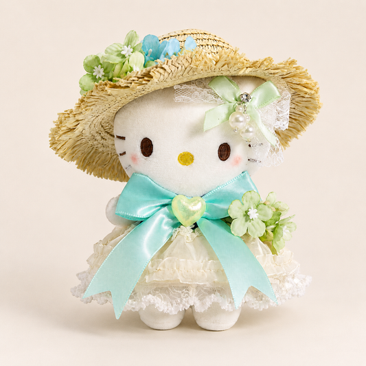 Summer Kitty Plush Bag Charm with Straw Hat