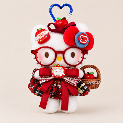 Apple Kitty Plush Bag Charm with Red Glasses