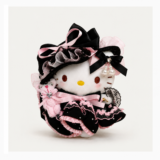 Gothic Kitty Plush Bag Charm with Pink Teddy