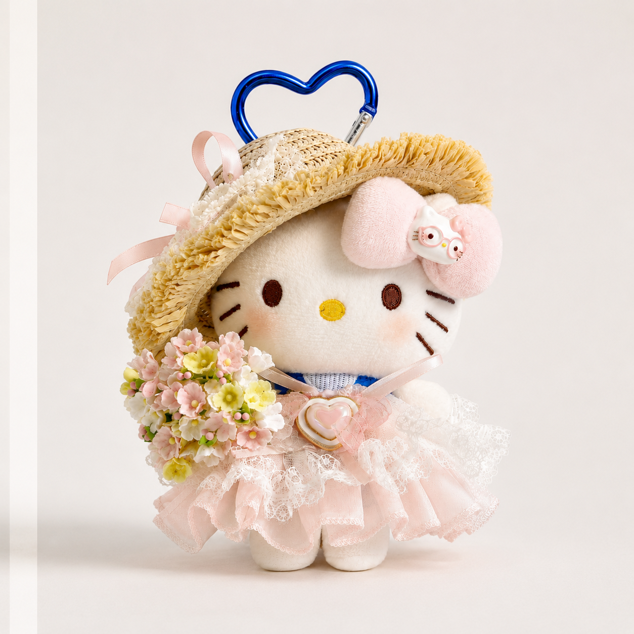 Blush Pink Kitty Plush Bag Charm with Floral Bouquet