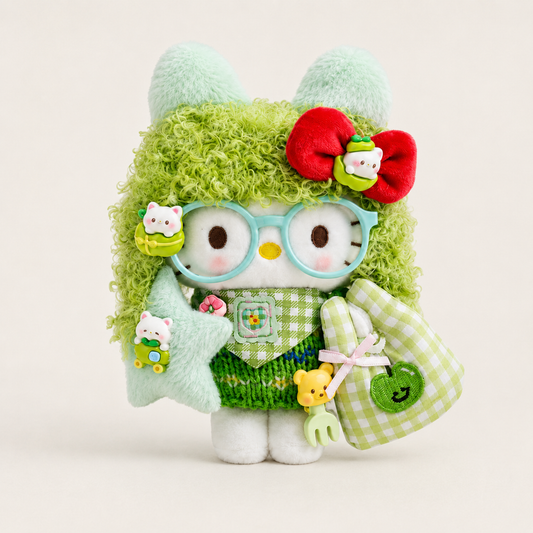 Matcha Green Kitty Plush Bag Charm with Blue Glasses