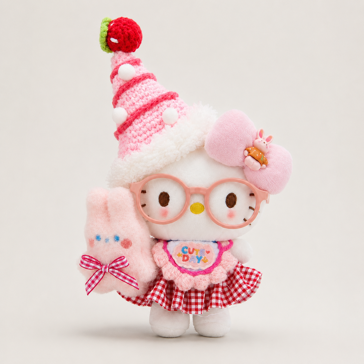 Cute Kitty Plush Bag Charm with Red Glasses