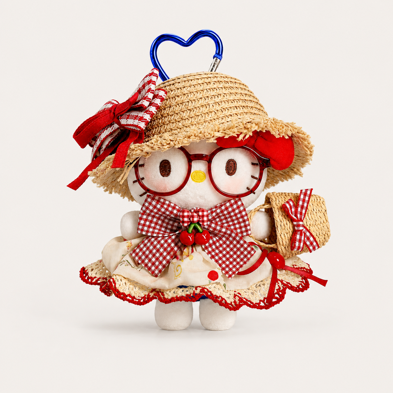 Strawberry Picnic Kitty Plush Bag Charm with Red Glasses