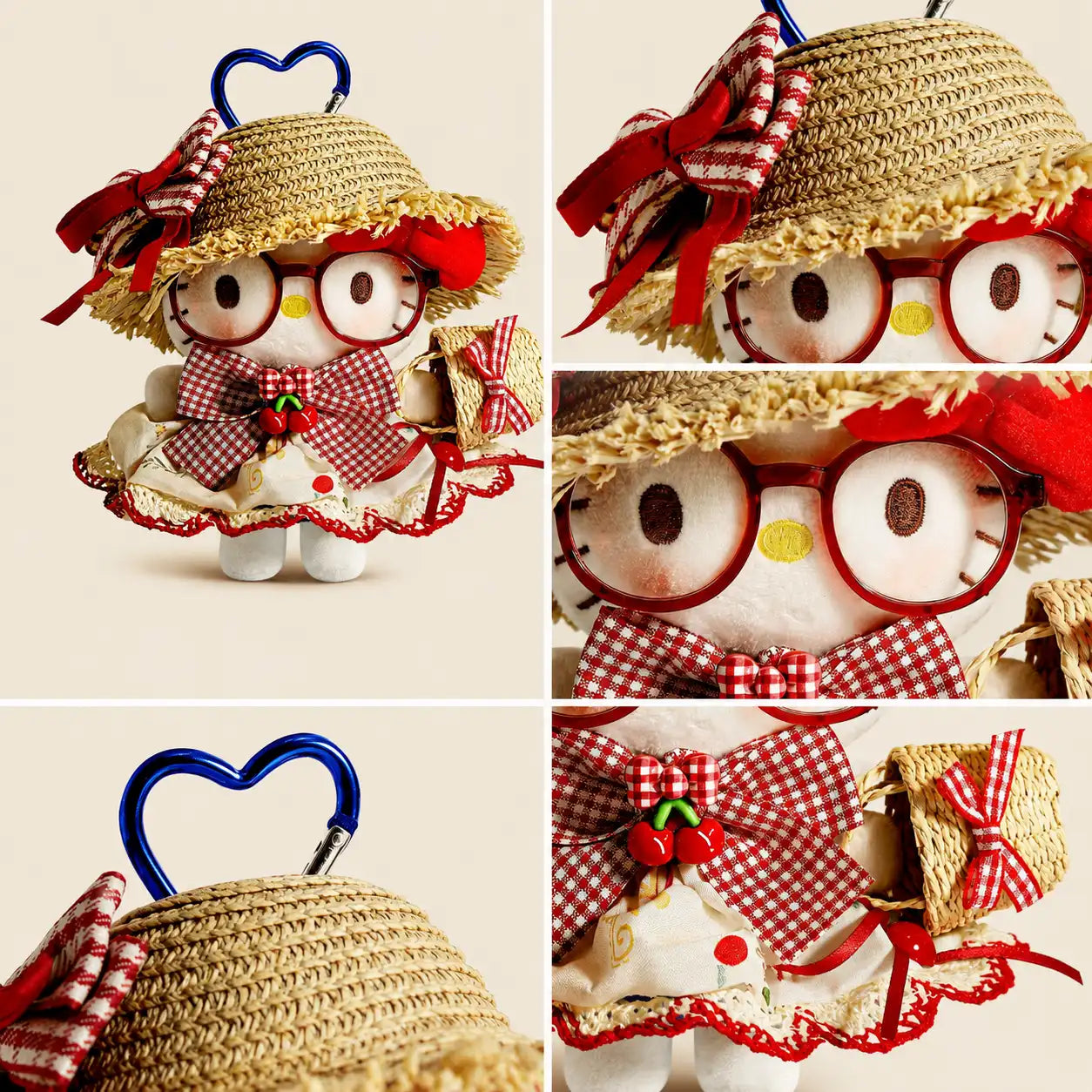 Strawberry Picnic Kitty Plush Bag Charm with Red Glasses
