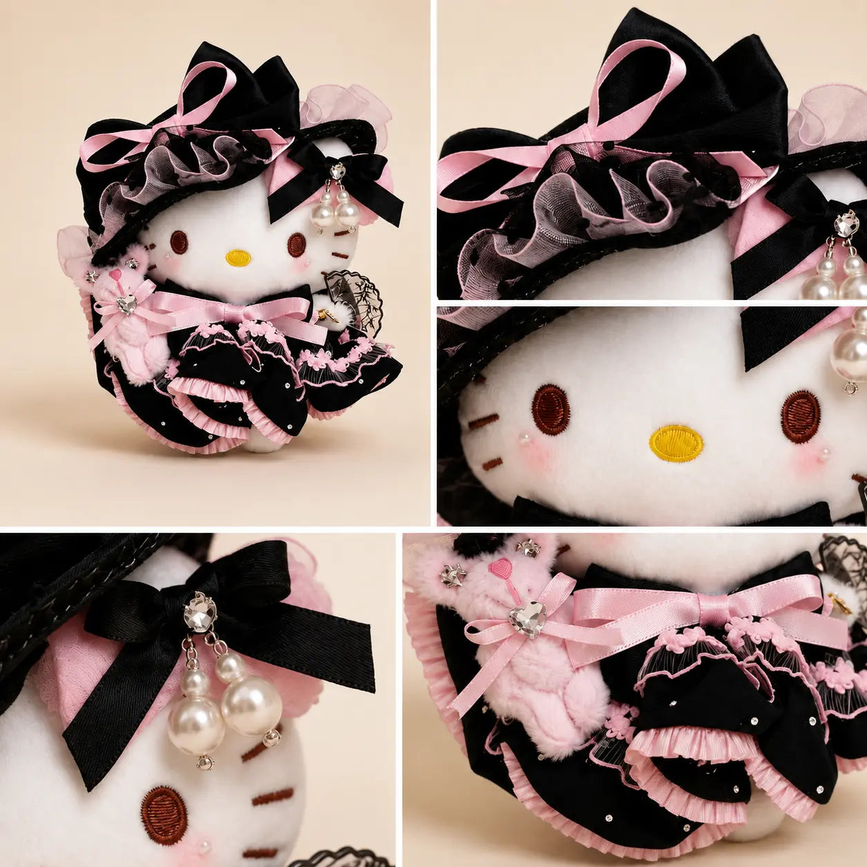 Gothic Kitty Plush Bag Charm with Pink Teddy