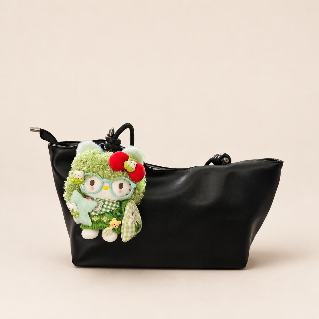 Matcha Green Kitty Plush Bag Charm with Blue Glasses