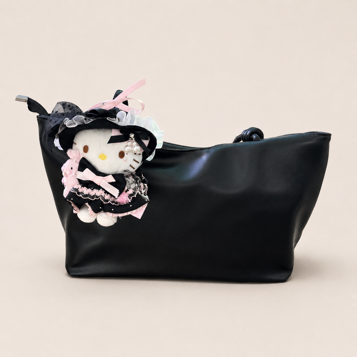 Gothic Kitty Plush Bag Charm with Pink Teddy