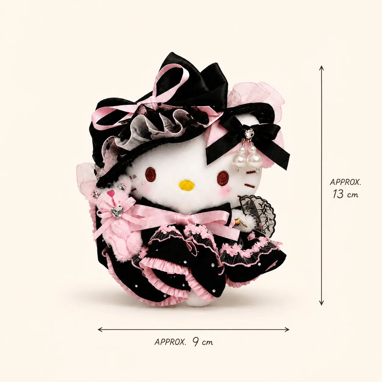 Gothic Kitty Plush Bag Charm with Pink Teddy